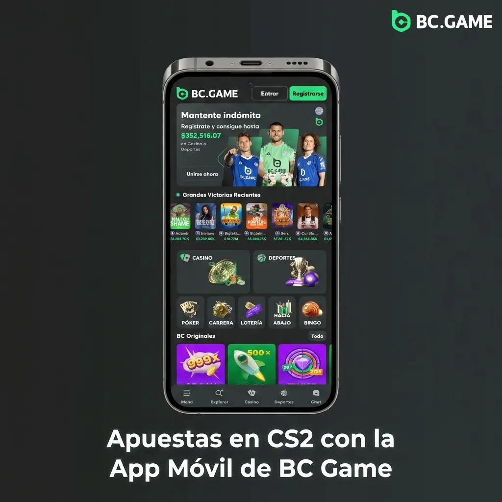 Interfaz de la app móvil de BC Game para apostar en CS2 desde Android e iOS con mercados en vivo