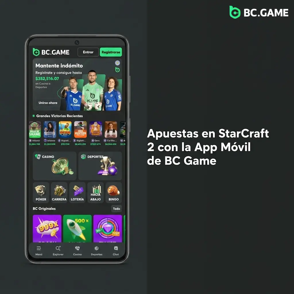 Apuesta en StarCraft II desde la app móvil de BC Game en Android e iOS con mercados esports en México.