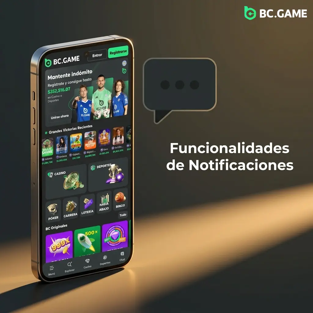 Notificaciones push de BC Game en móvil: alertas de apuestas, depósitos, promociones y eventos deportivos personalizables.