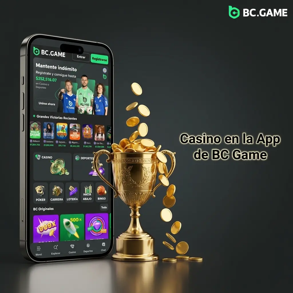 Captura de pantalla de la app de casino BC Game con más de 9,000 juegos: slots, ruleta, blackjack y casino en vivo